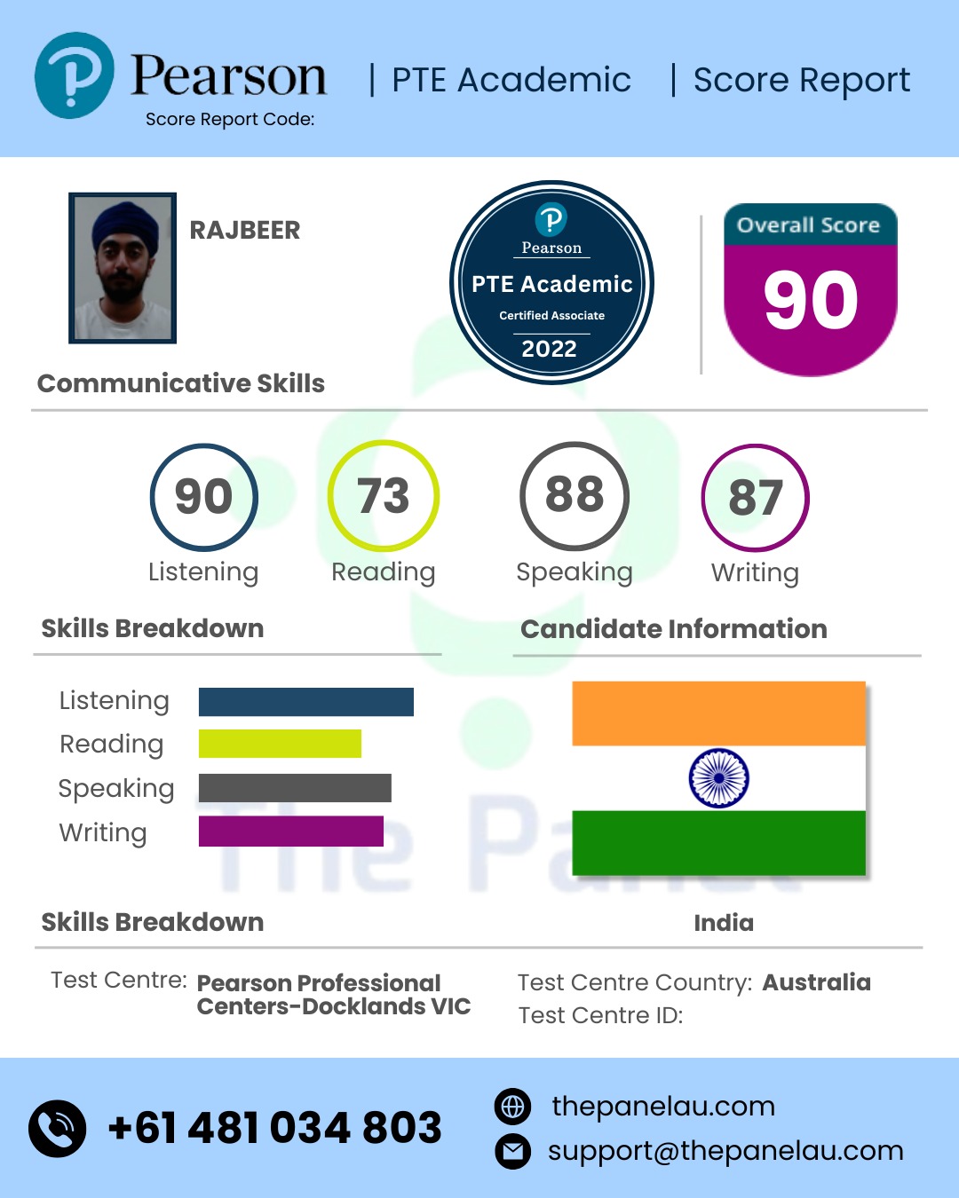 Rajbeer PTE Academic Scorecard