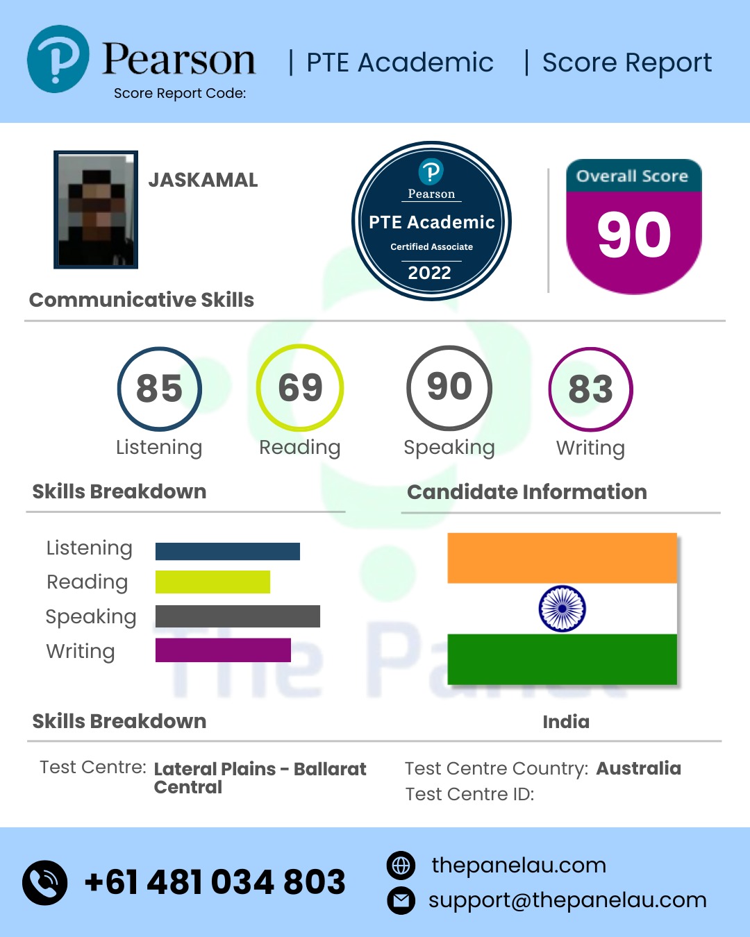 Jaskamal PTE Academic Scorecard